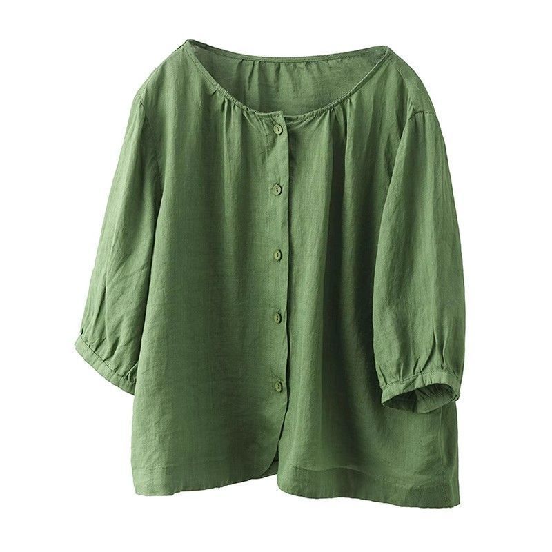 Cotton and Linen Solid Color Simple Crew Neck Shirt Loose Women's Clothing Summer New Loose Versatile Temperament Cardigan Top