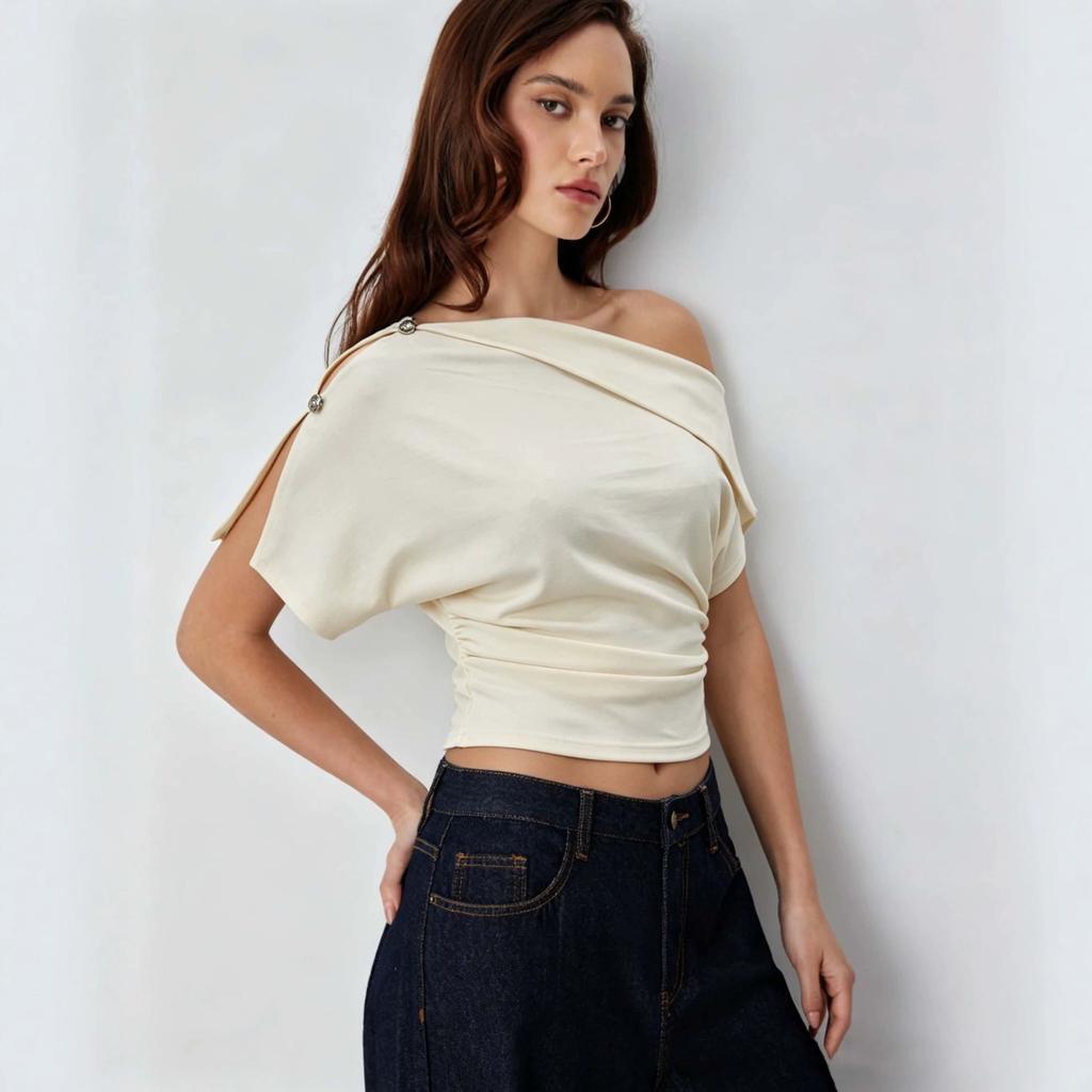 Women's off-shoulder slanted shoulder top waist and thin short sleeves gentle style temperament niche design T-shirt