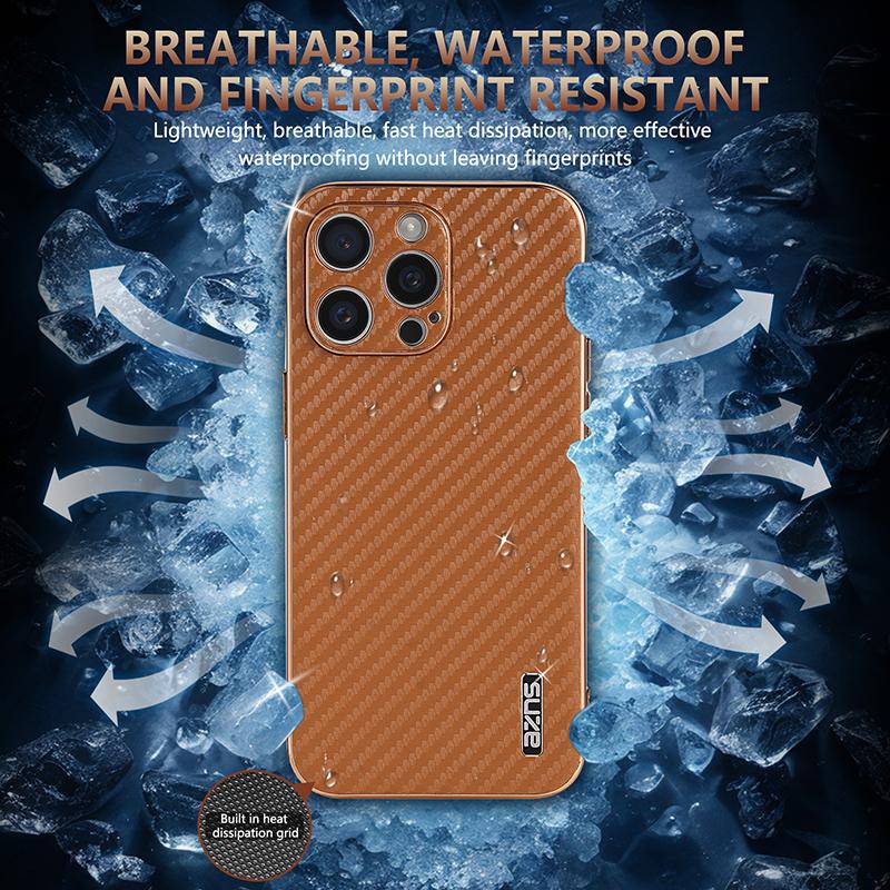 AZNS For iPhone 15 Pro Max Case Electroplating Carbon Fiber Texture PU+TPU Phone Cover