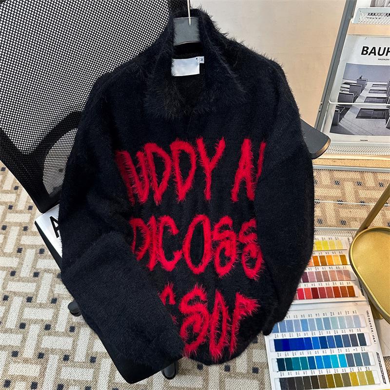 

Men s Faux Mink Fur Polo Neck Sweater - Retro Letter Design, American Streetwear, Loose Knit Pullover for Autumn and Winter L чорний