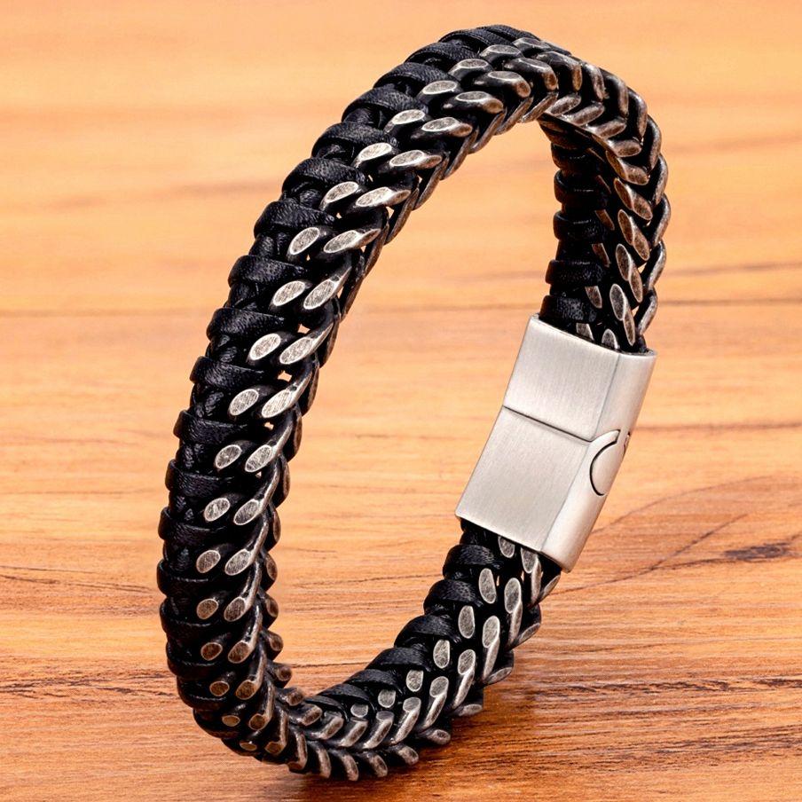 Luxury Vintage Handmade Leather Braid Men Bracelet Stainless Steel Buckle Business Men's Bangles for Friend Partner Lovers