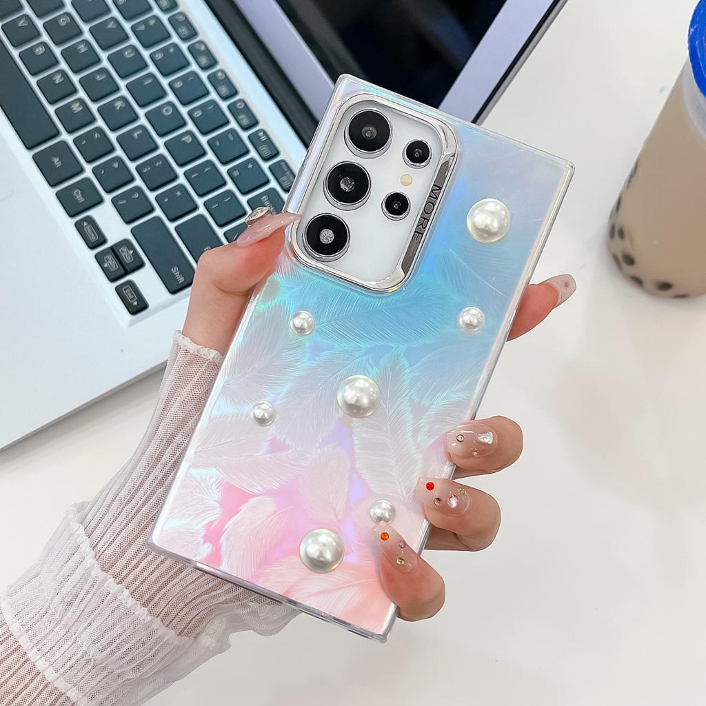 Advanced Three Dimensional Pearls Suitable for Samsung S25ultra Mobile Phone Case S24plus Electroplated Laser A56 Hard Set