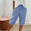 Women's Fashionable Plaid Printed Loose Drawstring Cotton Linen Casual Five Quarter Pants
