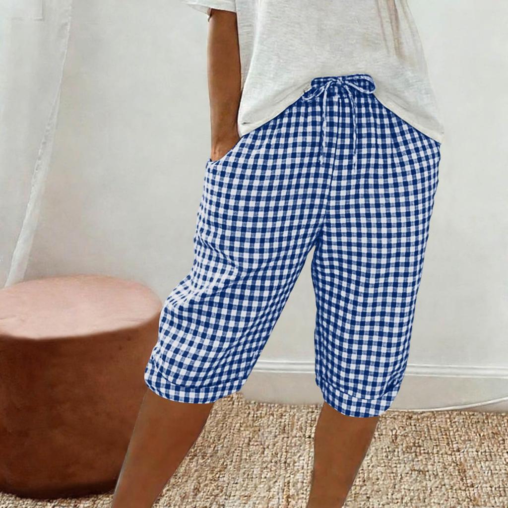 Women's Fashionable Plaid Printed Loose Drawstring Cotton Linen Casual Five Quarter Pants