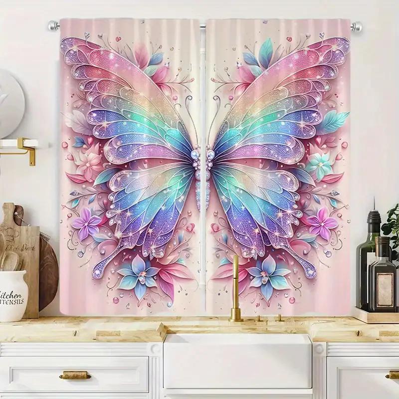 2PCS- Elegant Colorful Butterfly-printed Curtains   Pole Bag Curtains   Bedroom and Living Room   Home Decoration   Room Decoration