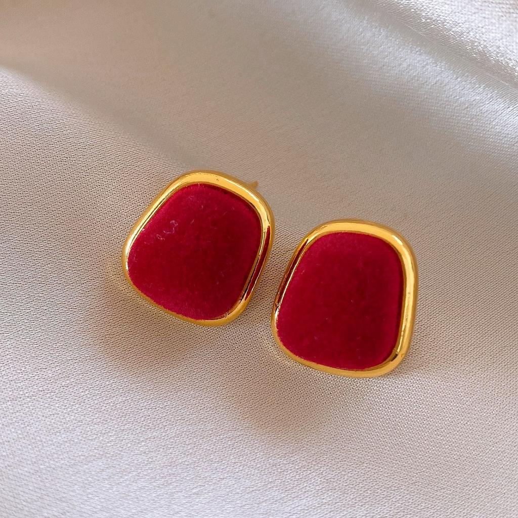 Retro Hong Kong Style Red Flocking Geometric Round Earrings Earrings Fashion Personality Temperament Earrings Women