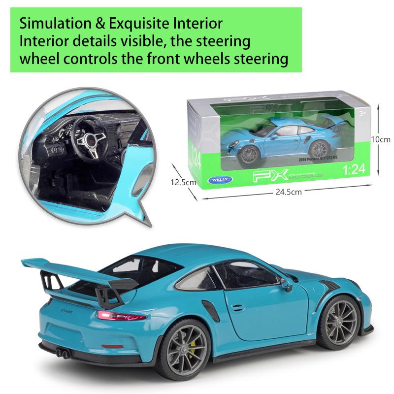 1/24 WELLY Porsche 911 GT3 RS sulamist sportauto mudel survevalu metallist mänguasja võidusõiduauto mudel High Simulation Collection, kingitus lastele