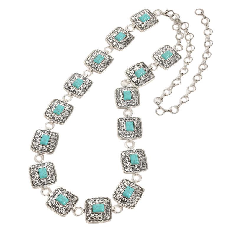 Boho Style Waist Chain Turquoise Metal Pattern Square Waist Chain Beautiful Retro Literary Women's Waist Chain