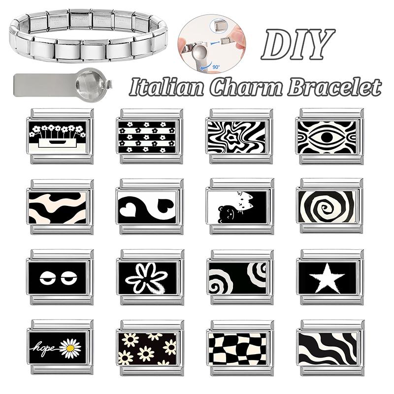 Y2K Black Series Heart Sunflower Heart Star Tai Chi Eye Cat Italian Charm Links Fit 9mm Stainless Steel Bracelet DIY Making Gift