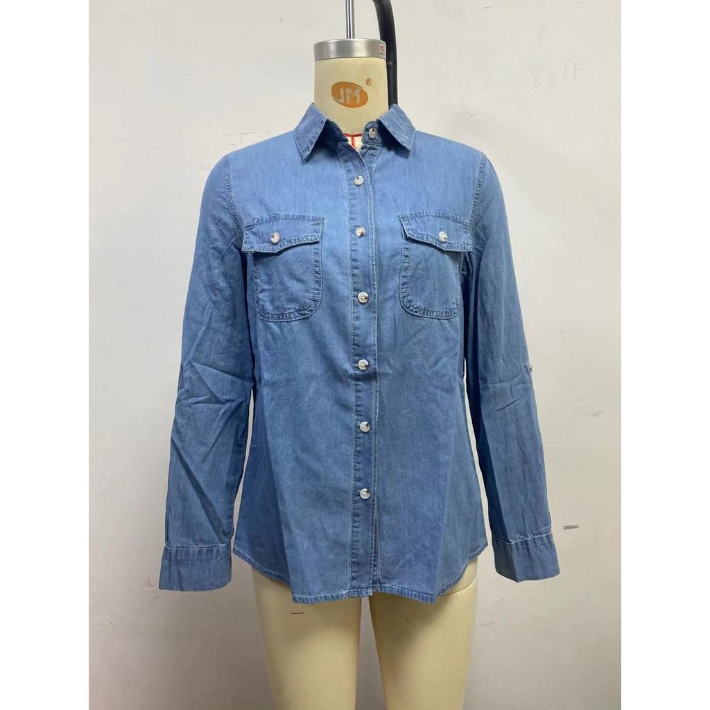Women's Long Sleeve Denim Shirt 2025 Autumn Casual Lapel Single Breasted for JOOM Europe America