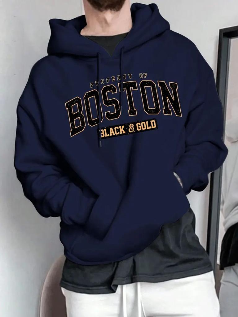Men's Boston Graphic Print Hoodie Beige with Black  Golden Lettering Adjustable Drawstring Hood All-Season Comfort Regular Fit