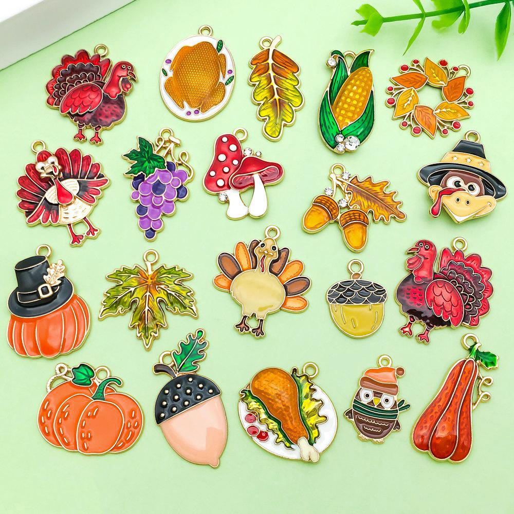 20pcs Thanksgiving Pendants: Colorful Enamel Pumpkin, Turkey, Maple Leaf Charms for DIY Jewelry Accessories