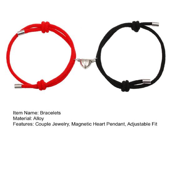 2Pcs/Set Matching Heart Pendant Bracelet Couple Magnetic Alloy Love Charm Bracelet Adjustable String Bracelet Jewelry Gift for Valentine's Day