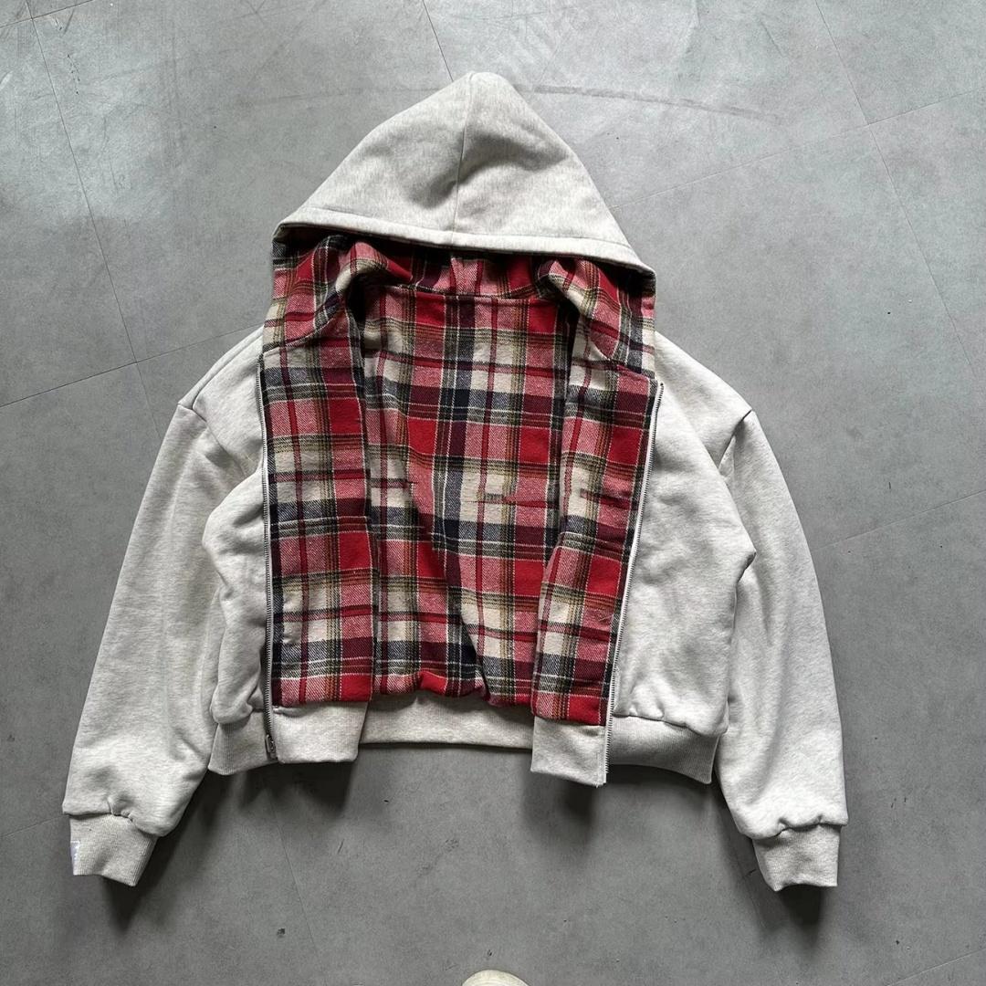 Herbstjacke Mode Kapuze Reißverschluss Karomuster Vorne und Hinten Tragbar Hoodie Pullover Herren M rot