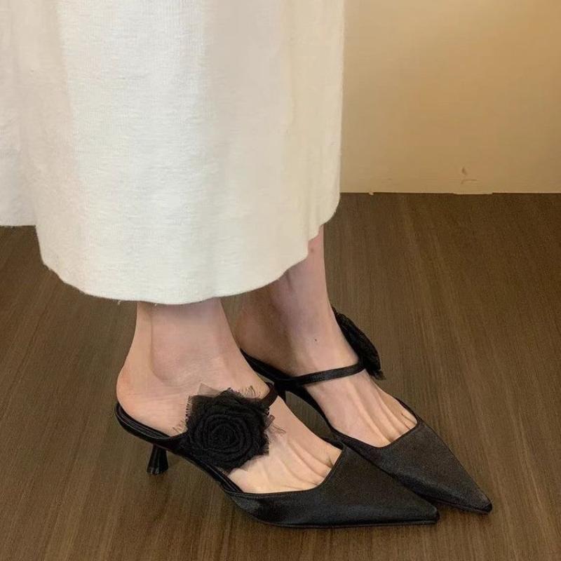 Fashion Elegant Flower Women Slippers Pointed Toe Shallow Sexy Mid Heels Shoes Fashion Pumps 2025 Trend Spring Dress Mujer De Zapatillas