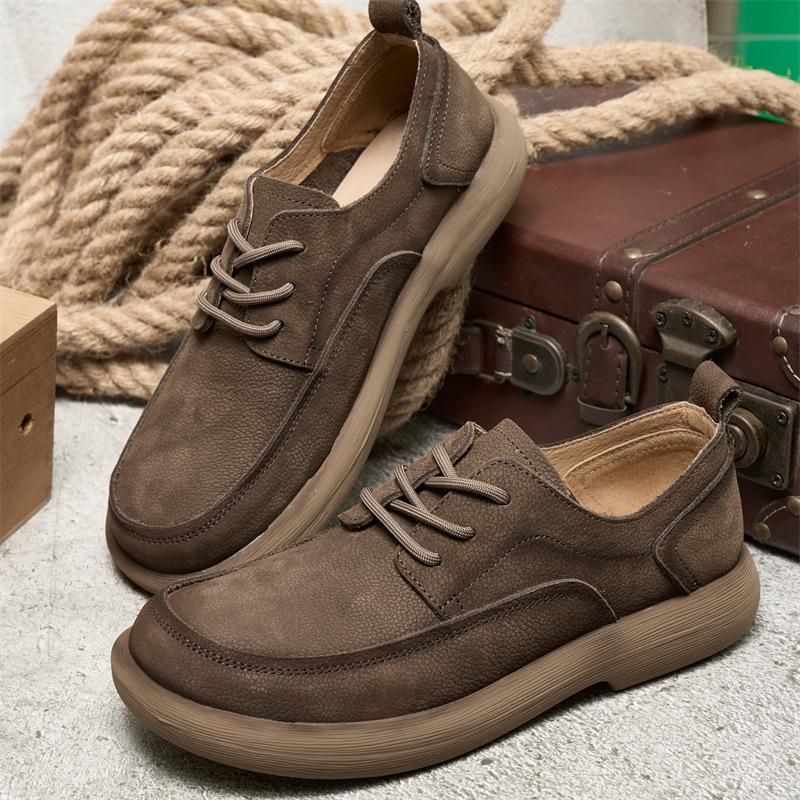Spring and Summer New Men's Casual Leather Shoes Top Layer Cowhide Retro Versatile Soft Sole Single Shoe Low Cut Lace Up Men's Shoes
