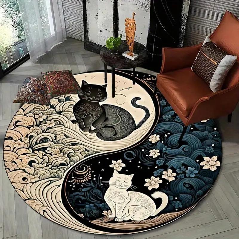 Okrągły dywan Yin i Yang z kotem do dekoracji salonu sypialni antypoślizgowy mata podłogowa do raczkowania do pokoju dziecięcego popularny okrągły dywan
