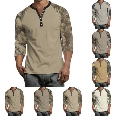 Men's Button-Down Contrast Raglan 3/4 Sleeve Top