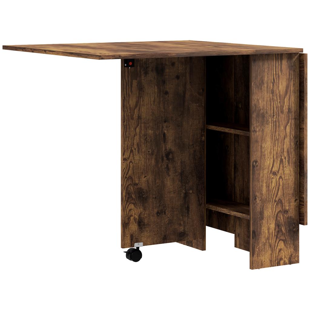 Folding Dining Table on Wheels, 2 Drop Leaves, 2 Shelves, 140 x 80 x 74 cm, Rustic Brown