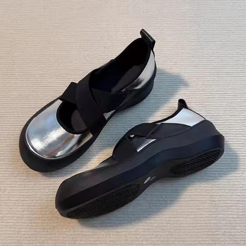 Módní Retro Tenisky s Tlustou Podrážkou Křížené Elastické Pásky Mary Jane Mělké Malé Kožené Boty Kulatá Špička Baleríny pro Ženy