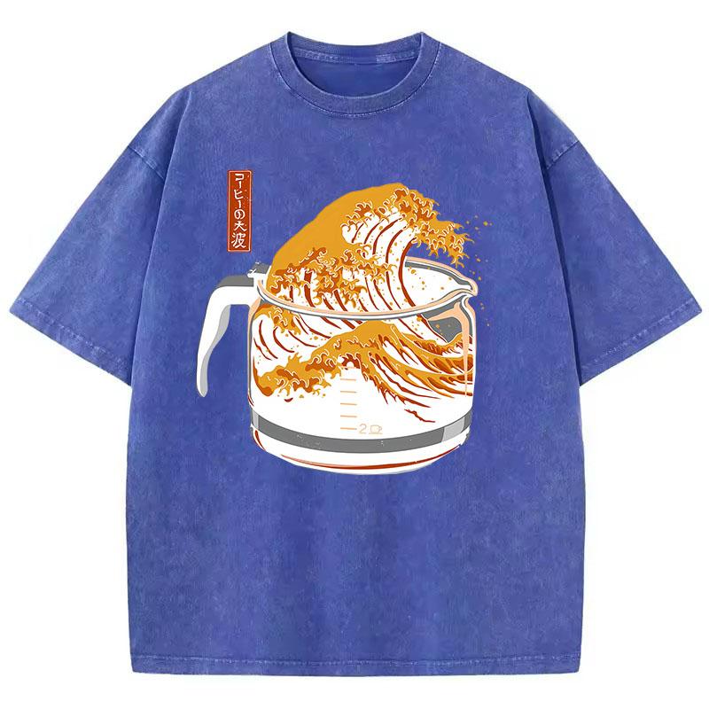 Retro T Shirt Vintage Washed Cotton T-Shirt Japanese Style Wave  Graphic Tee Casual Streetwear Spring Summer