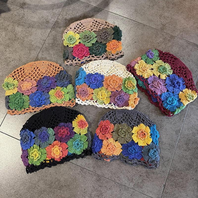 Style Knitted Ethnic Hat With Hollow Out Design And Flower Decoration Daily For