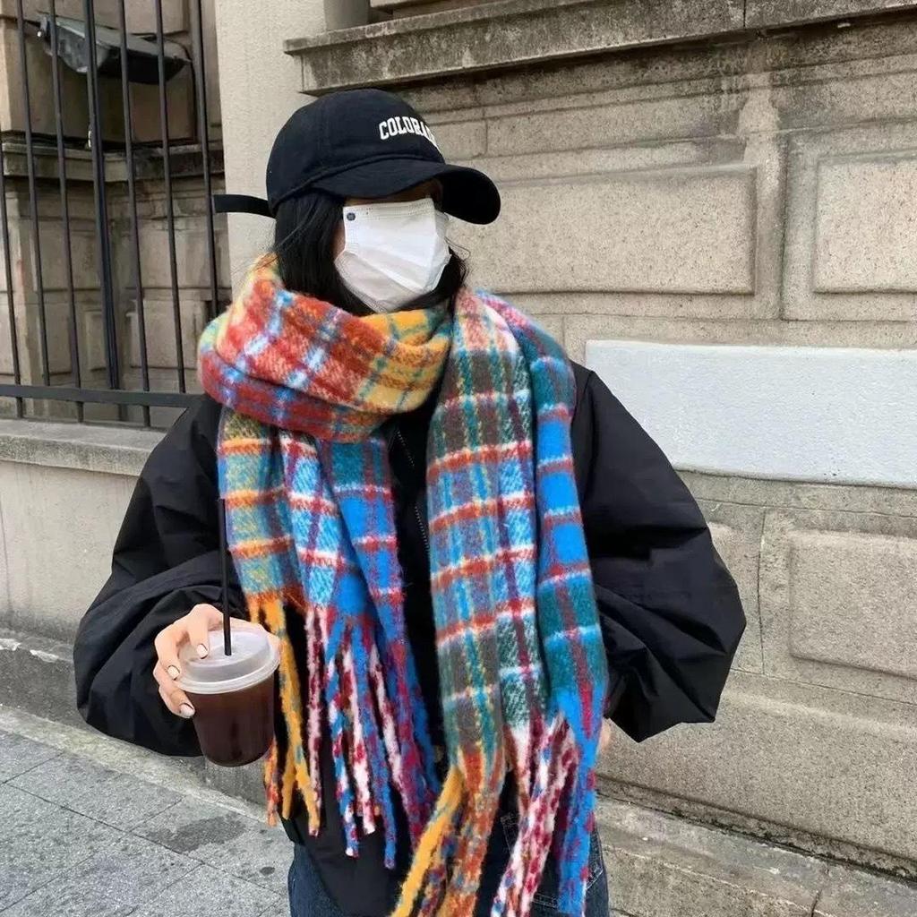 Korean Style Imitation Cashmere Plaid Scarf - Women's Warm, Thick, and Versatile Neck Warmer for Fall and Winter.