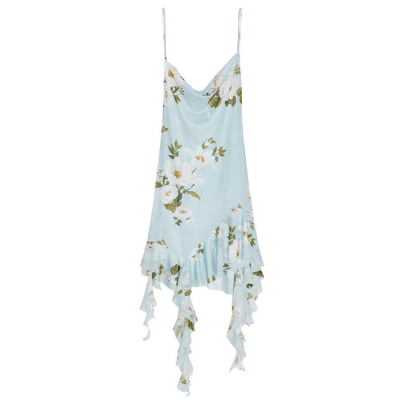 

Zaprha 2025 New Arrival Pure Desire Gentle Seaside Holiday Floral Print Silk Net Sling Short Dress 5039122 Blue L