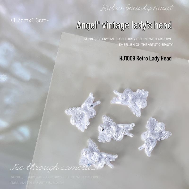 Baroque Angel Relief 3D Nail Art Decorations - Vintage White Metal, 5 Pieces