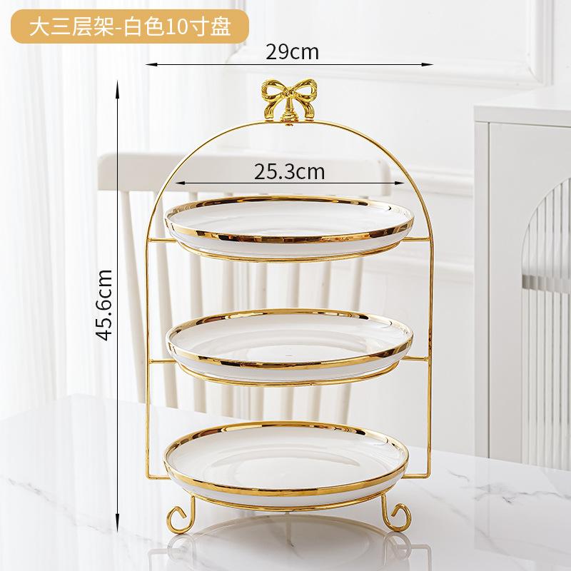 Golden Edged Double-layer Ceramic Tray, Cake Rack, Snack, Fruit Tray, Afternoon Tea Dessert Display Stand, Metal Bow Bracket