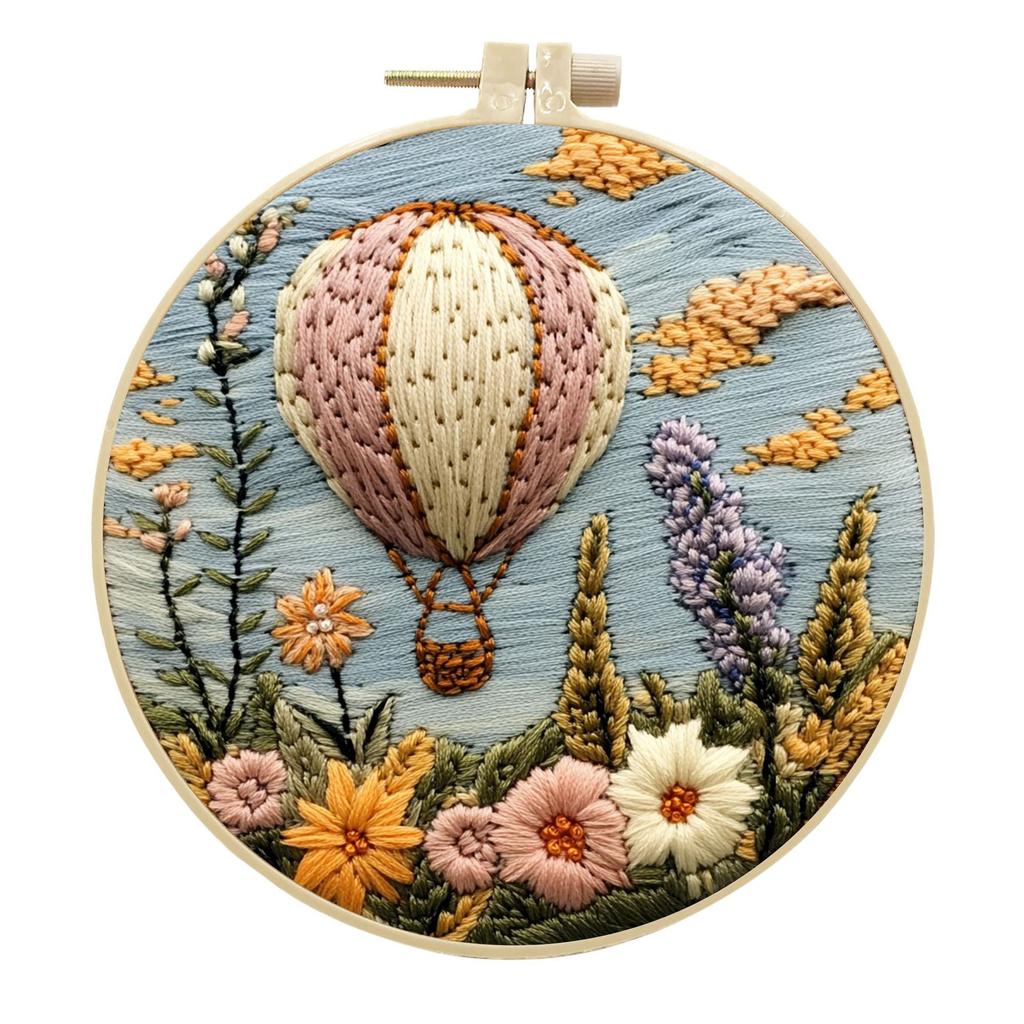 1-teiliges Stickset mit Heißluftballon- und Blumenmuster, inklusive Werkzeug