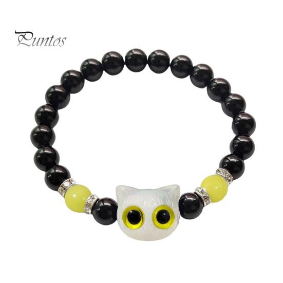 

Яскравий котячий браслет зі штучного агату, гладкі намиста, декор зі стразами, регульований браслет, що світиться на сонці, для щоденної вечірки. B білий