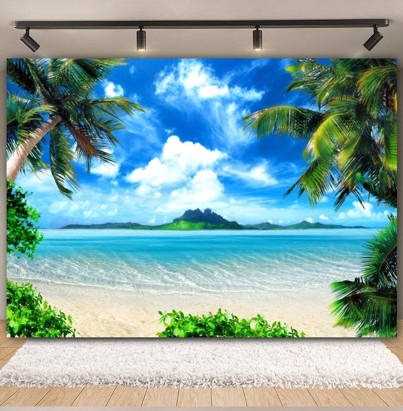 Tropischer Strand Hintergrund für Fotografie Sommer Hawaii Blaues Ozeanwasser Meeresufer Palme Kinder Feiertagsparty Foto Hintergrund Dekoration
