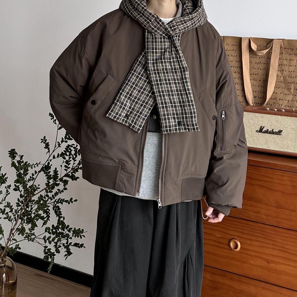 Giacca Imbottita Unisex Giapponese Retrò a Quadri con Cappuccio e Sciarpa