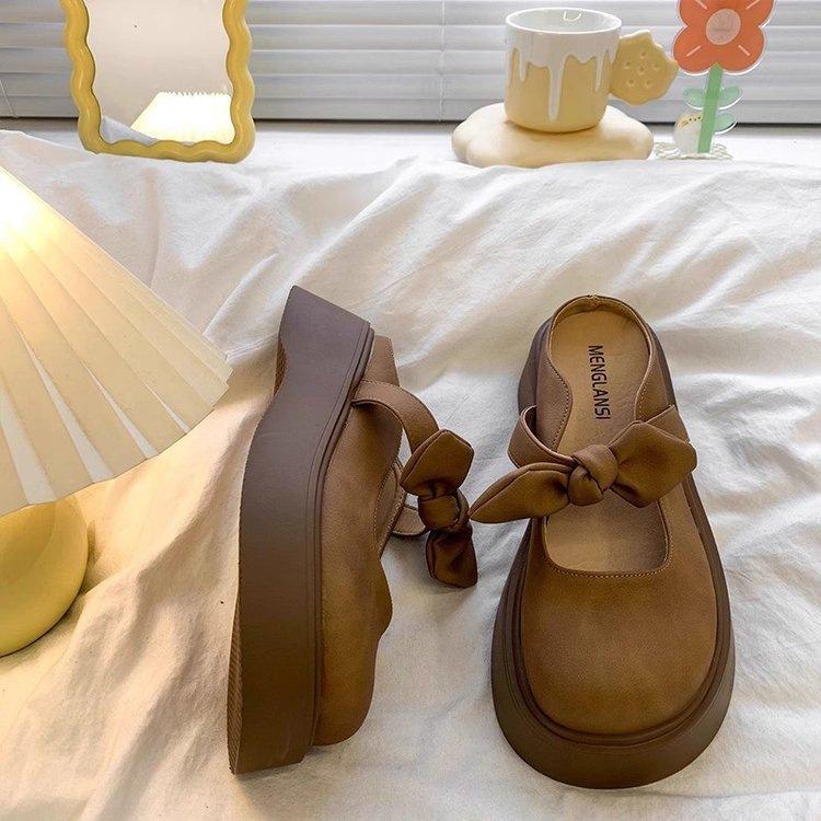 French bow bag head half slippers women's outer wear 2025 new spring thick bottom with skirt Mary Jane cool slippers