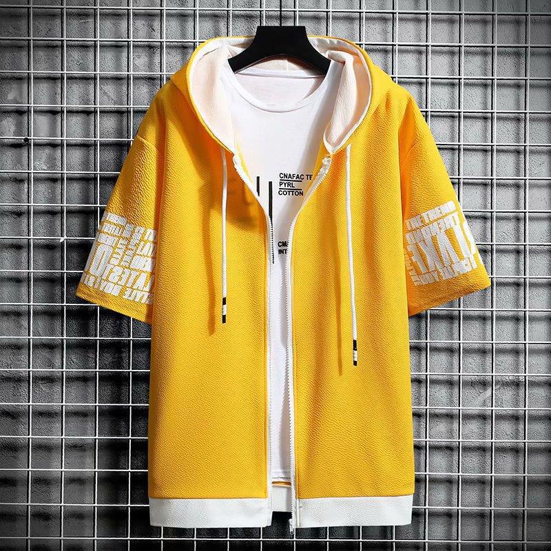 Hong Kong Style Men's Loose Fit Hooded Cardigan T-Shirt - Trendy Short Sleeve Summer Top