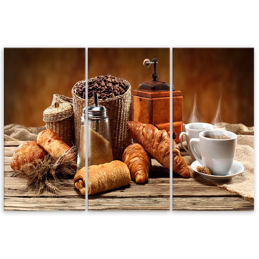 Dreiteiliger Leinwanddruck Kaffee und Frische Croissants