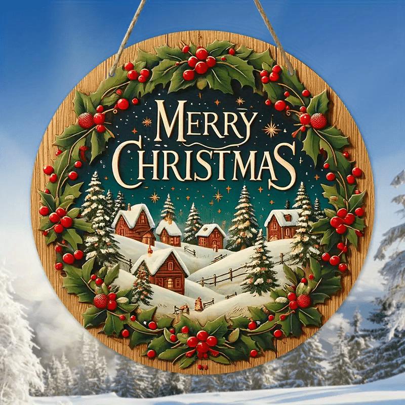 Merry Christmas Wooden Sign with Snow House Pattern - Navidad Wooden Sign for Front Door, Yard, Balcony, Window Decor - Ideal Christmas Gift