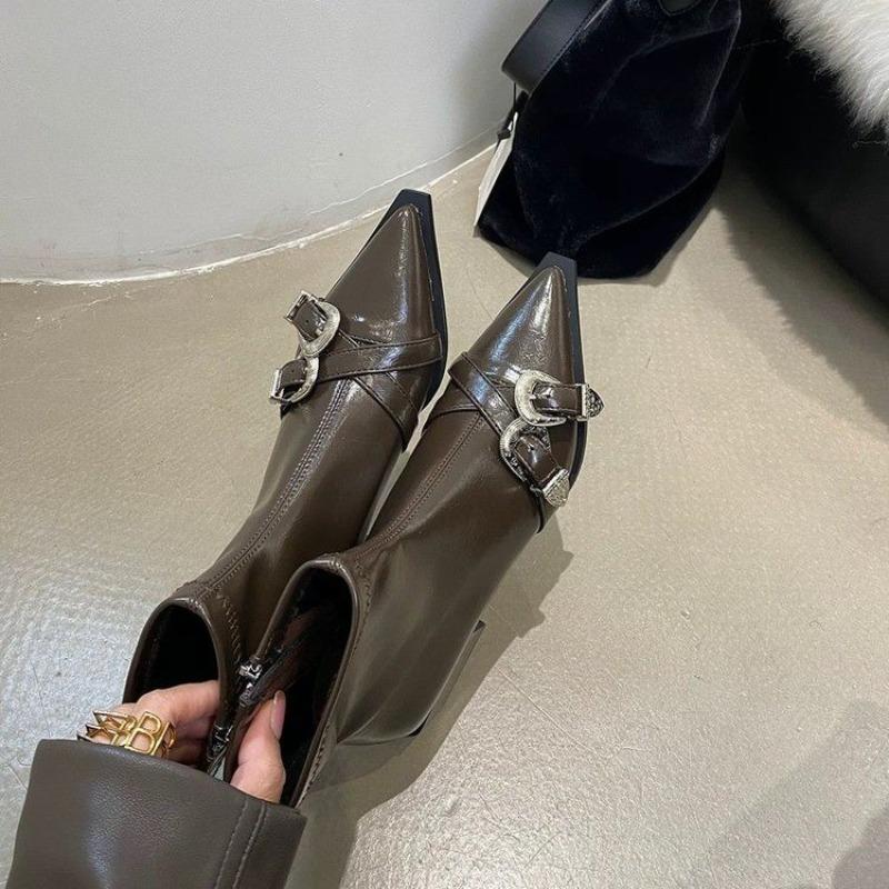 Women's Ankle Boots Short Barrel Shoes Woman Trend Black Luxury Middle Heels Pointed Toe New Rock Comfortable Stylish On Sale