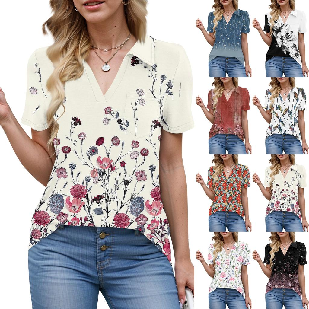 Damen Bluse Sommer Business Casual Arbeitstops Kurzarm Button-Down-Kragen V-Ausschnitt Bluse T-Shirt