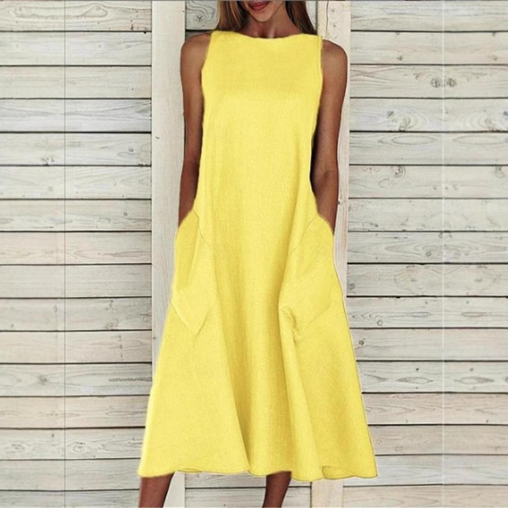 Robe d'été longue maxi en lin pour femme, col rond, sans manches, unie, ample, grande poche, décontractée