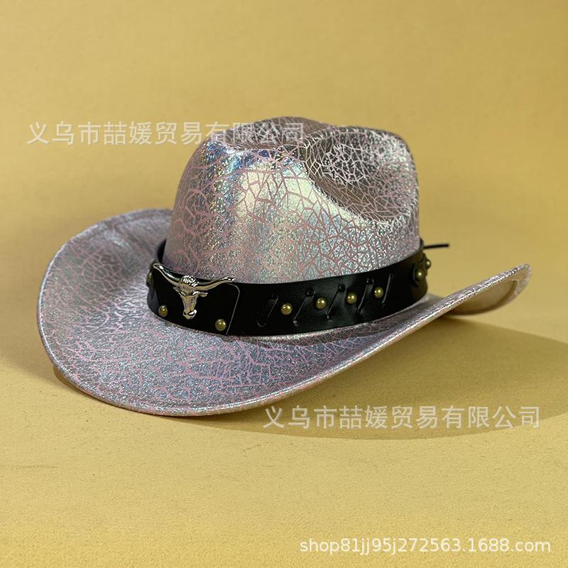 European and American Bull Head Belt Western Cowboy Hat New Breathable Sunshade Sequin Crack Jazz Hat Children