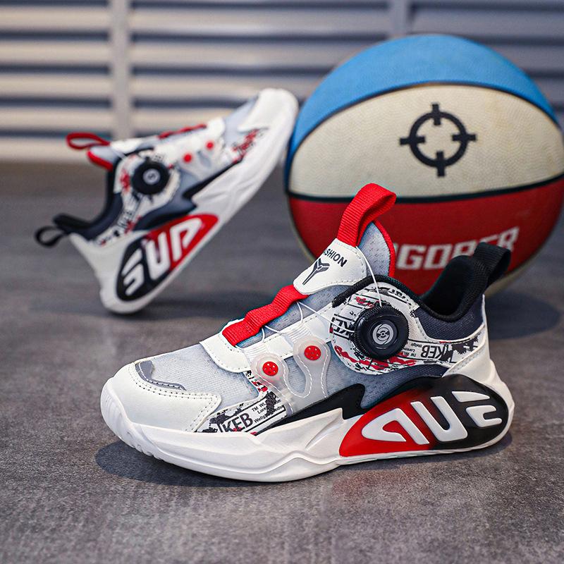 New double mesh ice silk breathable classmate fashion sports shoes medium and older children's casual rotating button cushioning basketball shoes