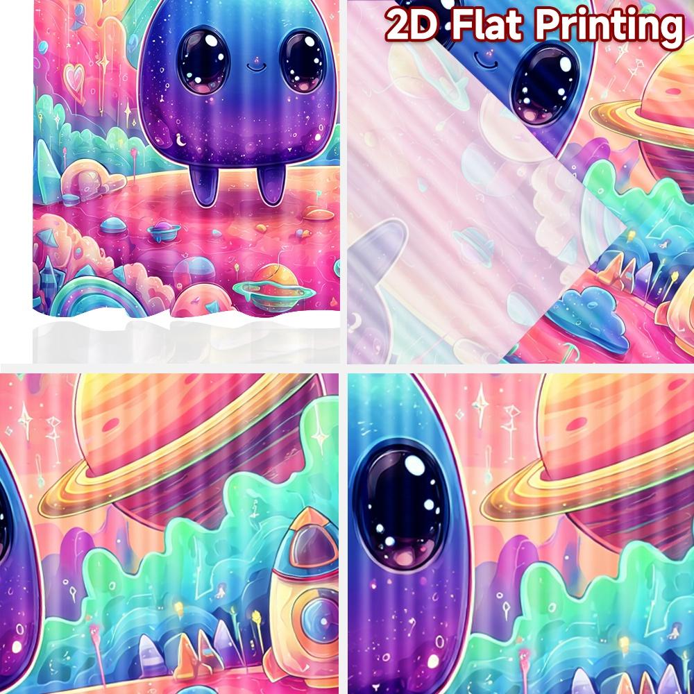 2D flat printing 2pcs Window Curtains Cute Alien Rainbow Planet Stars Digital Printed Polyester Drapes Party Decorations for