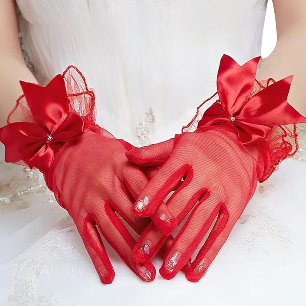 Seethrough Bowknot Mesh Gloves for Evening Party Short Gloves Bridal Gloves Wedding Accessory Handwear for Special Event