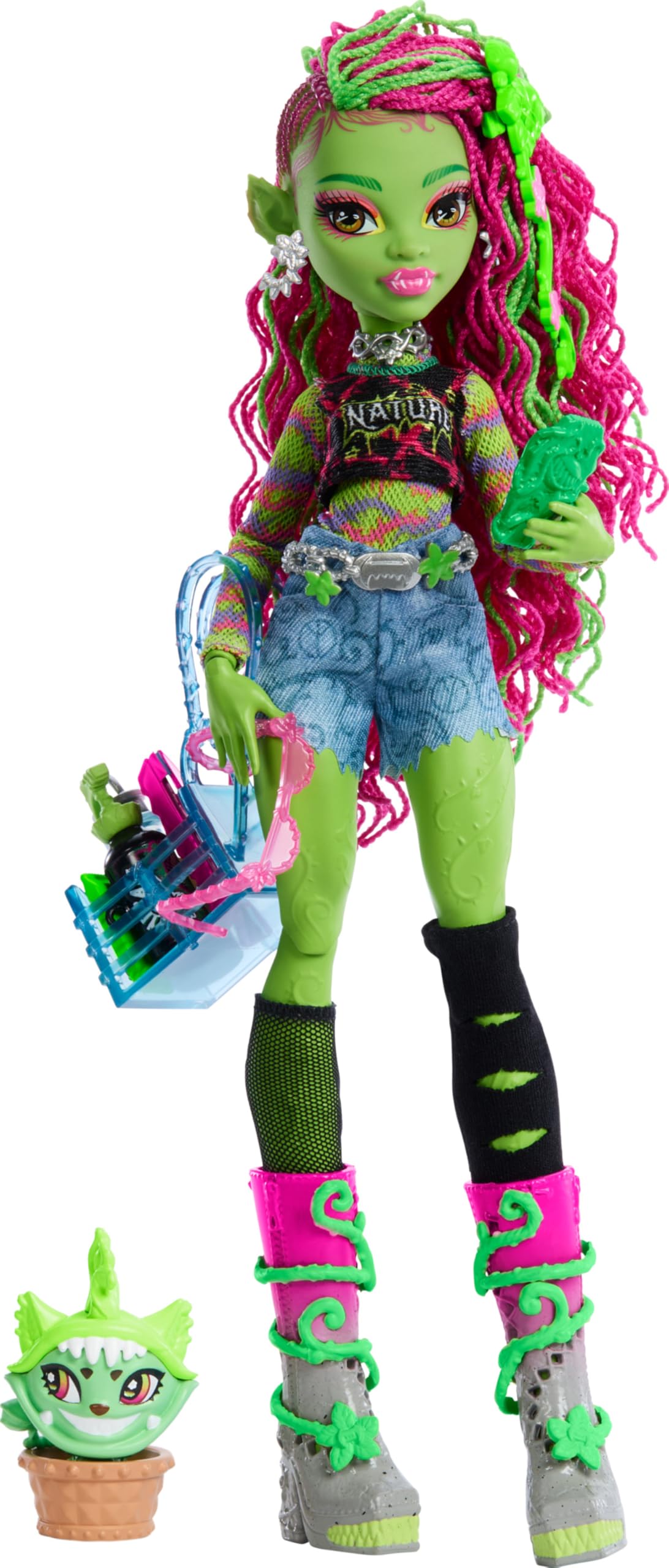

Кукла Monster High Венера МакФлайтрап, растения, питомцы-монстры, кошки, рюкзак турианец, блокнот, закуски и другие аксессуары