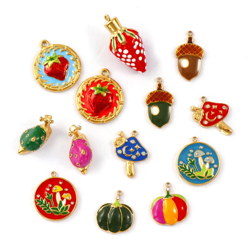 1Piece 304 Stainless Steel Charms 18K Gold Plated Enamel Strawberry Acorn Snail Mushroom Pendant For DIY Necklace Jewelry Making