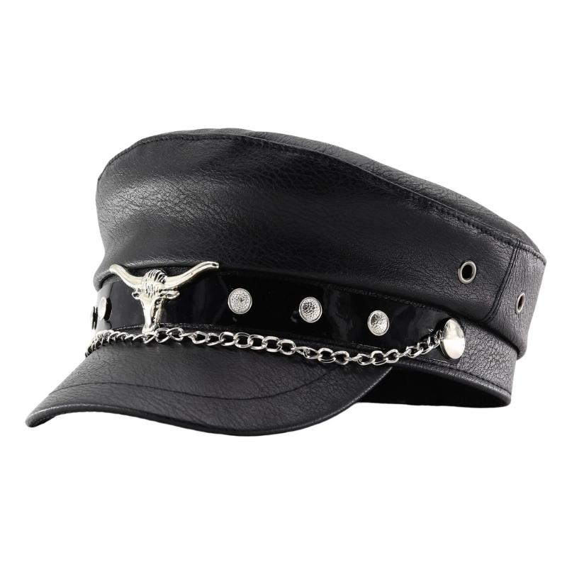 Contemporary Militaries Cap With Bullhead Rivet Chain Design Breathable Adjustable Outdoor Hat for Women Girls