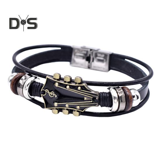 

Плетеный браслет-гитара из цинкового сплава с регулируемой пряжкой, ручная плетеная искусственная кожа, 3-слойное ретро-панк-украшение на запястье чёрный