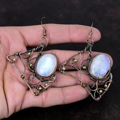 Rainbow Moonstone Earring Copper Wire Wrapped Earrings Handmade Earring Wire Wrap Jewelry Real Gemstone Earrings Copper Jewelry Gift For Her